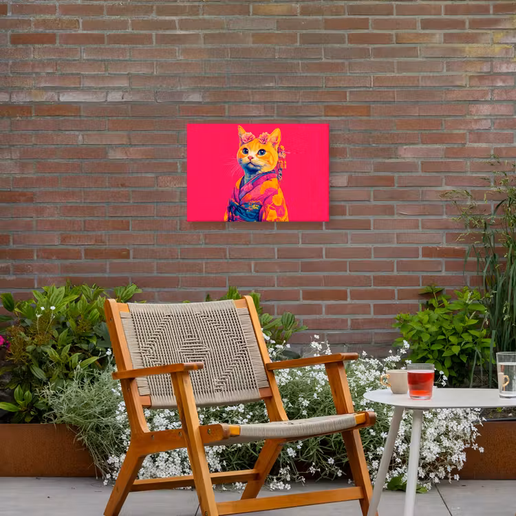Kat - Kimono - Bloemen - Roze Tuinposter op houten frame 2 cm dik klein -sfeer3