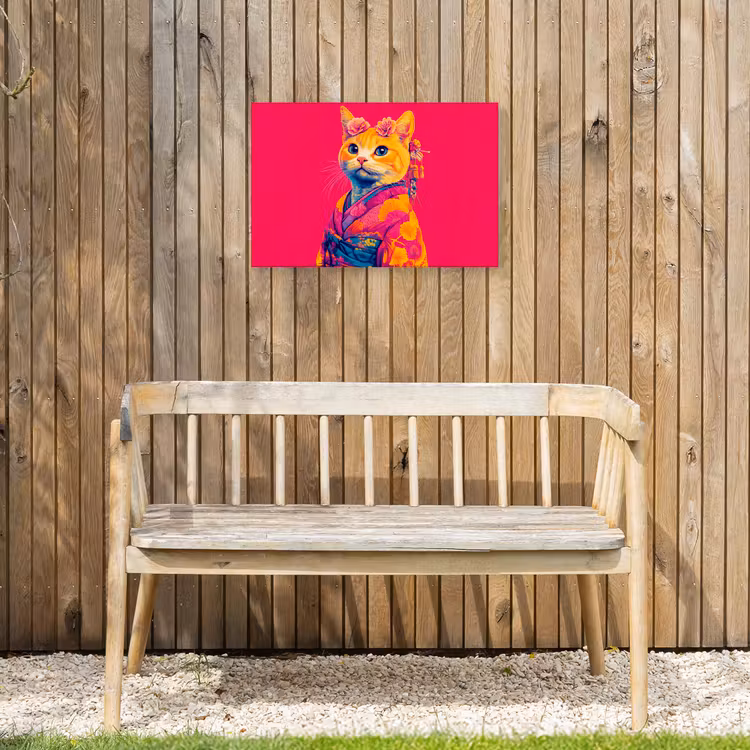 Kat - Kimono - Bloemen - Roze Tuinposter op houten frame 2 cm dik klein -sfeer4