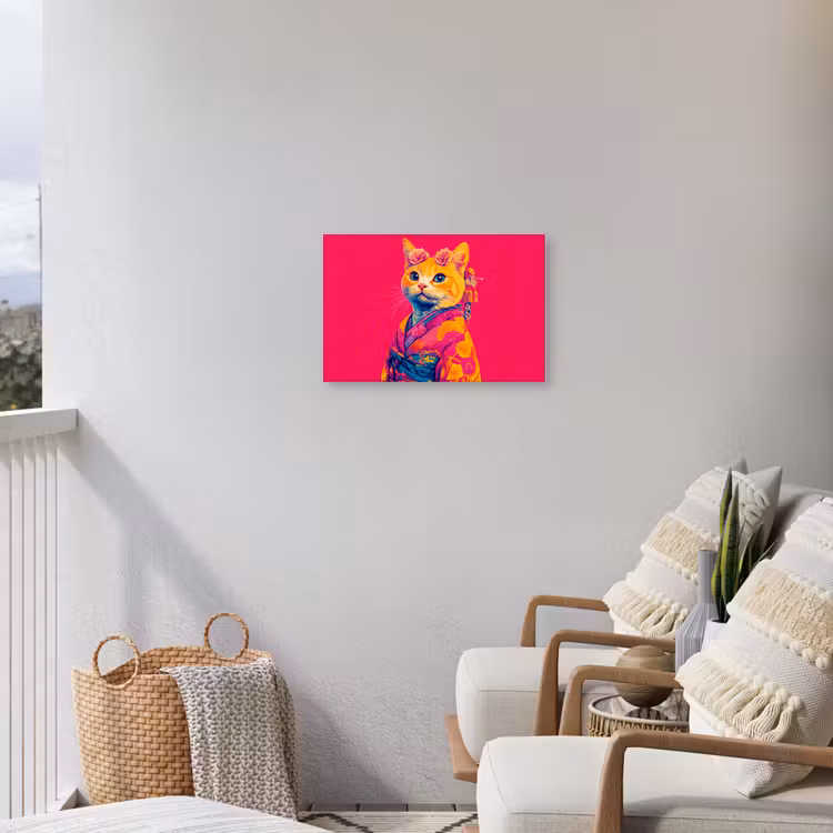 Kat - Kimono - Bloemen - Roze Tuinposter op houten frame 2 cm dik klein -sfeer1