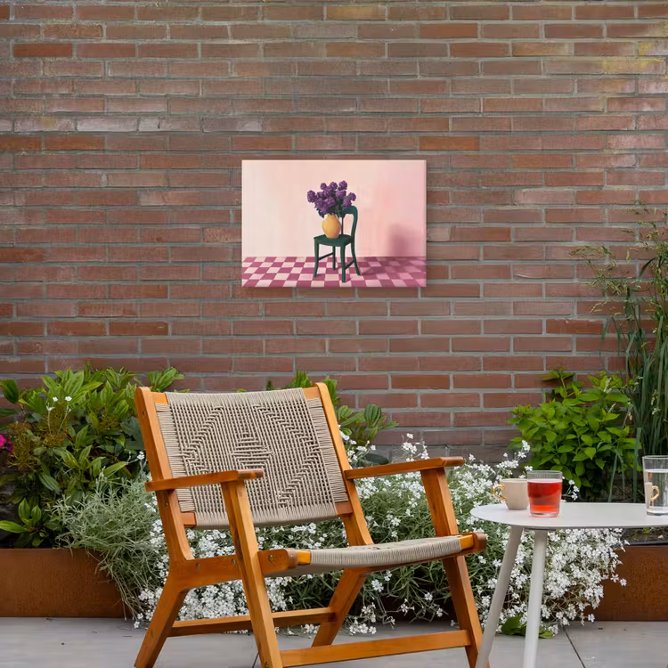 Stoel - Vaas - Bloemen - Geblokt Tuinposter op houten frame 2 cm dik klein -sfeer3