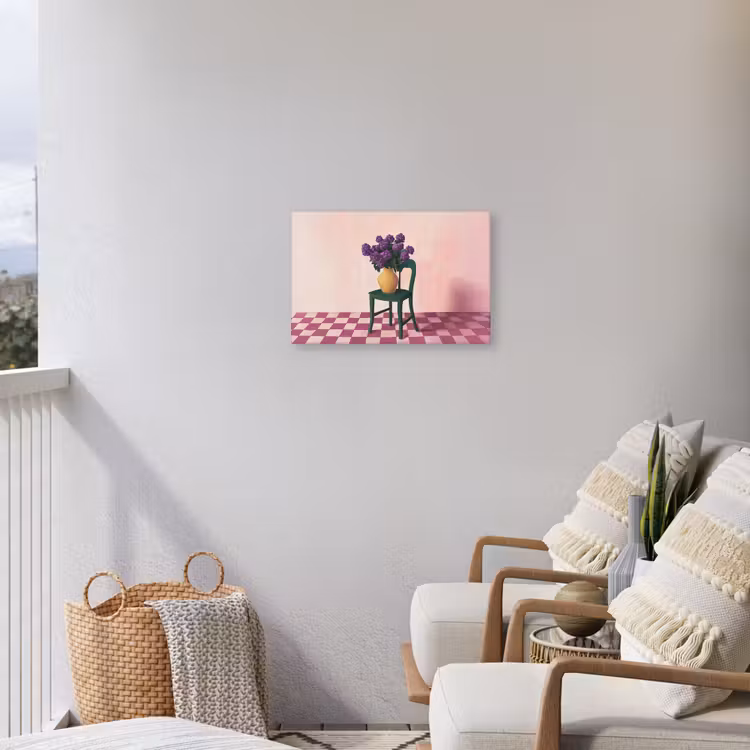 Stoel - Vaas - Bloemen - Geblokt Tuinposter op houten frame 2 cm dik klein -sfeer1