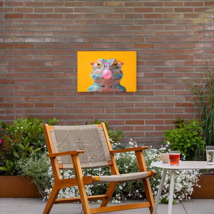 Kameleon - Kauwgom - Kleurrijk Tuinposter op houten frame 2 cm dik klein -sfeer3