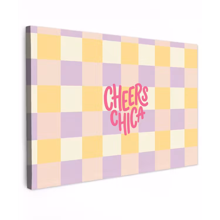 Cheers Chica - Ruitjes - Lila - Geel Tuinposter op houten frame 2 cm dik klein -3d