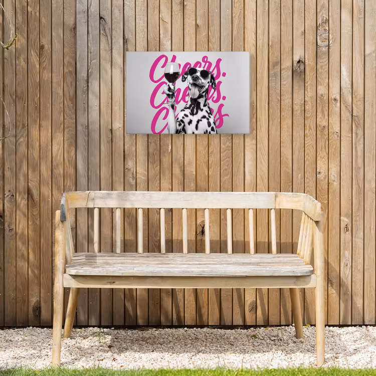 Cheers - Hond - Roze - Wijn Tuinposter op houten frame 2 cm dik klein -sfeer4