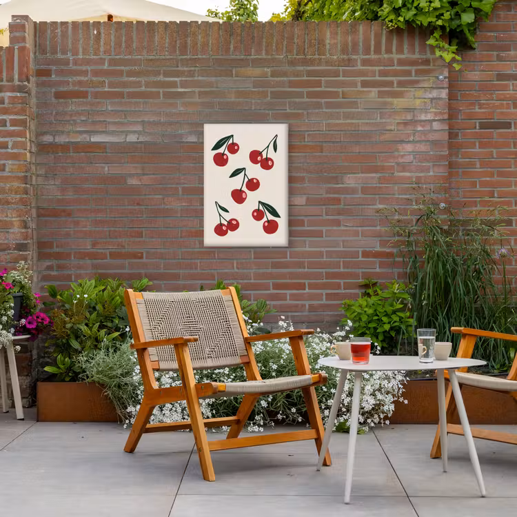 Kersen - Blaadjes - Rood Tuinposter op houten frame 2 cm dik klein -sfeer3