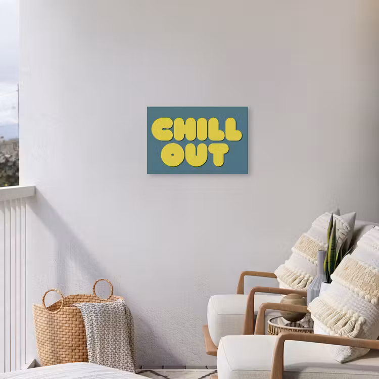 Chill out - Geel - Blauw Tuinposter op houten frame 2 cm dik klein -sfeer1