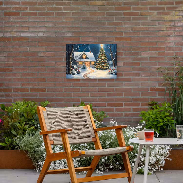 Kerst - Kerstboom - Winter - Huis - Sneeuw Tuinposter op houten frame 2 cm dik klein -sfeer3