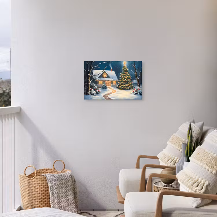 Kerst - Kerstboom - Winter - Huis - Sneeuw Tuinposter op houten frame 2 cm dik klein -sfeer1