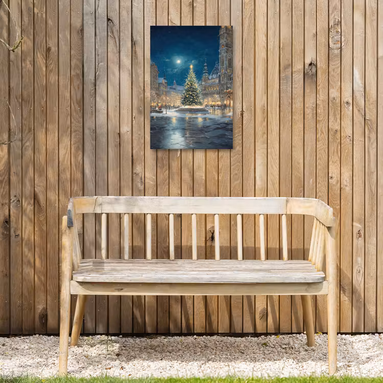 Kerstnacht - Stadsplein - Meerkleurig Tuinposter op houten frame 2 cm dik klein -sfeer4