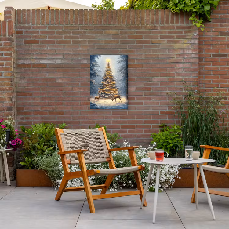 Kerstlicht - Woud - Hert - Donker Tuinposter op houten frame 2 cm dik klein -sfeer3