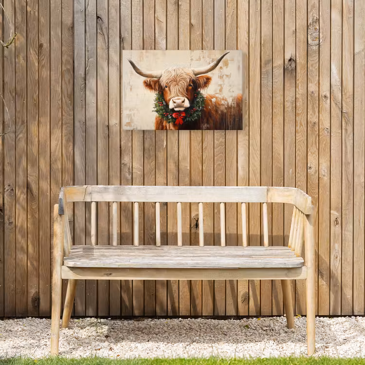 Kerst - Schotse Hooglander - Bruin - Krans Tuinposter op houten frame 2 cm dik klein -sfeer4