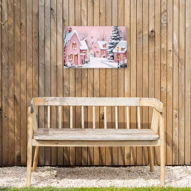 Kerstdorp - Roze - Winter - Sneeuw - Huizen Tuinposter op houten frame 2 cm dik klein -sfeer4