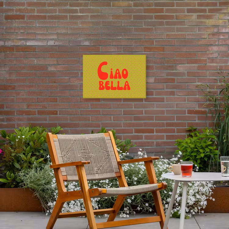 Ciao bella - Rood - Groen - Stippen Tuinposter op houten frame 2 cm dik klein -sfeer3
