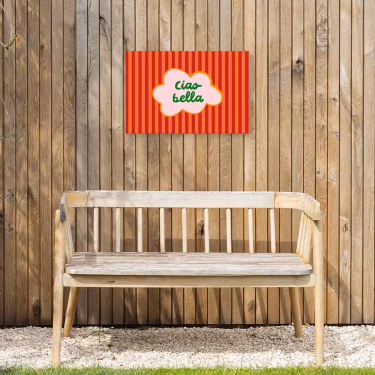 Ciao bella - Tekstwolk - Strepen - Oranje Tuinposter op houten frame 2 cm dik klein -sfeer4
