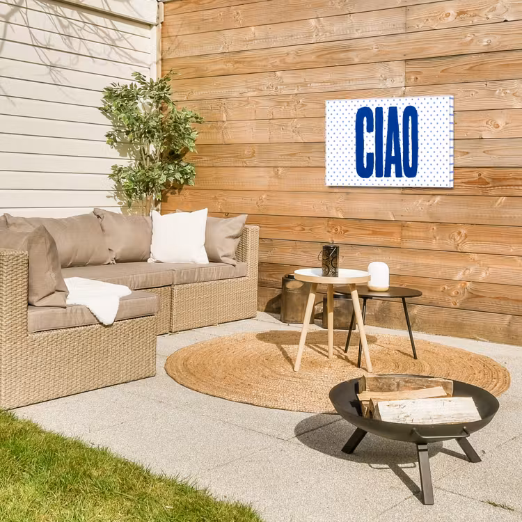 Ciao - Blauw - Stippen Tuinposter op houten frame 2 cm dik klein -sfeer2