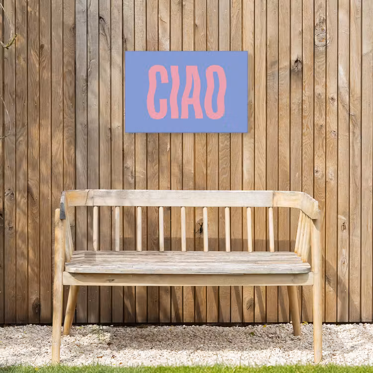 Ciao - Roze - Blauw - Golvend Tuinposter op houten frame 2 cm dik klein -sfeer4