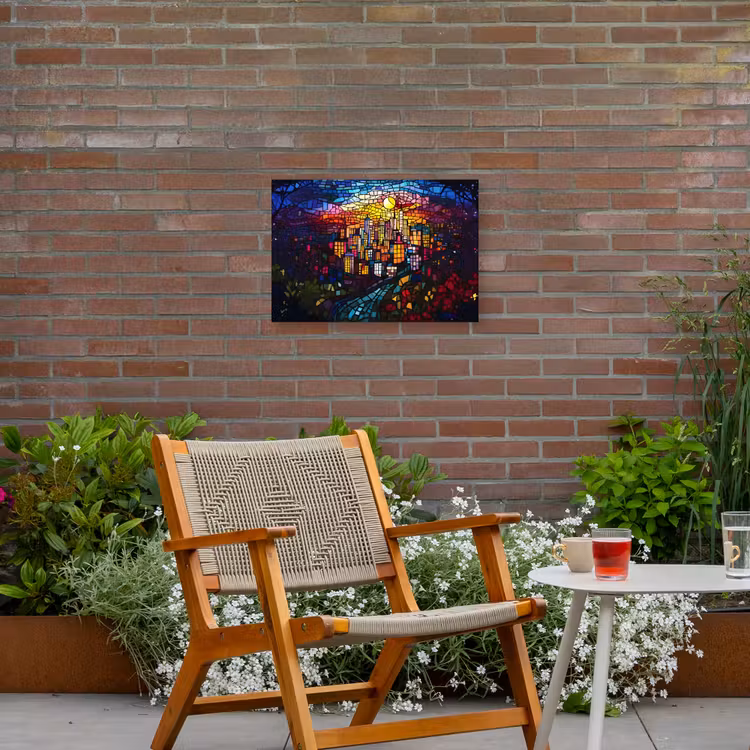 Stad - Maan - Mozaïek - Kleurrijk Tuinposter op houten frame 2 cm dik klein -sfeer3