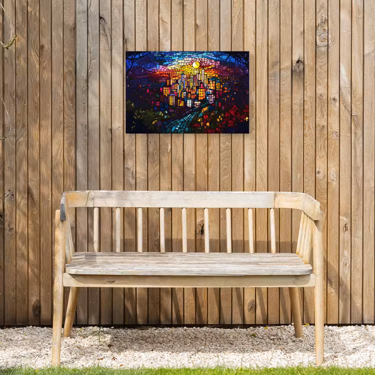 Stad - Maan - Mozaïek - Kleurrijk Tuinposter op houten frame 2 cm dik klein -sfeer4