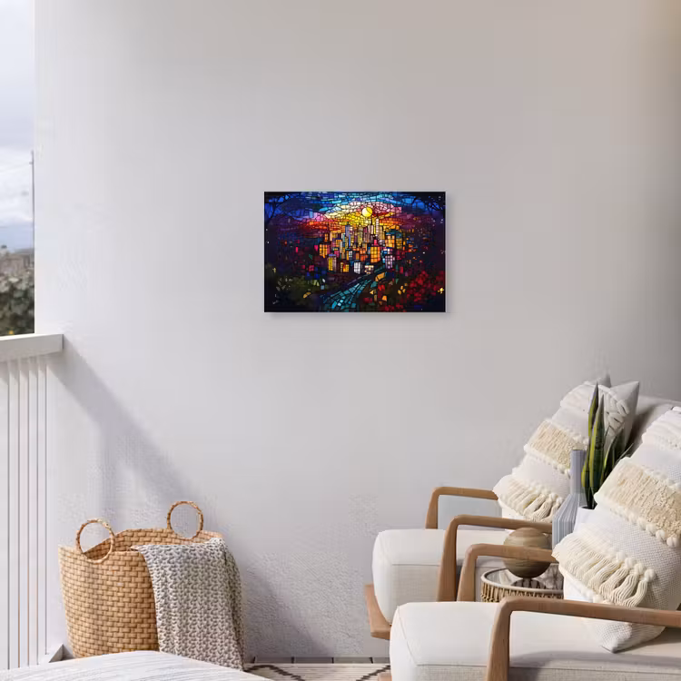 Stad - Maan - Mozaïek - Kleurrijk Tuinposter op houten frame 2 cm dik klein -sfeer1
