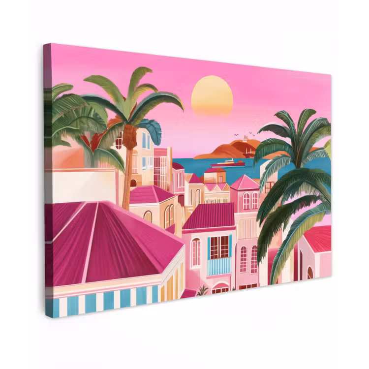 Stad - Roze - Palmbomen Tuinposter op houten frame 2 cm dik klein -3d
