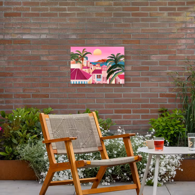 Stad - Roze - Palmbomen Tuinposter op houten frame 2 cm dik klein -sfeer3