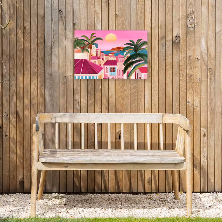 Stad - Roze - Palmbomen Tuinposter op houten frame 2 cm dik klein -sfeer4
