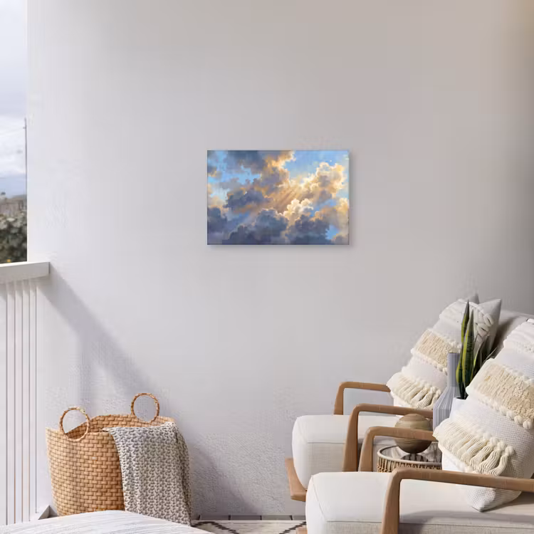 Wolken - Zonnestralen - Natuur - Abstract - Blauw Tuinposter op houten frame 2 cm dik klein -sfeer1