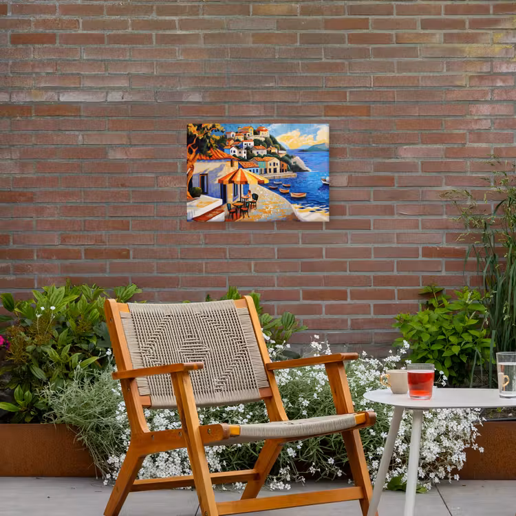 Kustdorp - Huisjes - Mozaïek - Zee Tuinposter op houten frame 2 cm dik klein -sfeer3