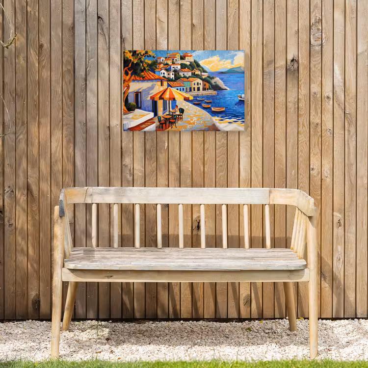 Kustdorp - Huisjes - Mozaïek - Zee Tuinposter op houten frame 2 cm dik klein -sfeer4