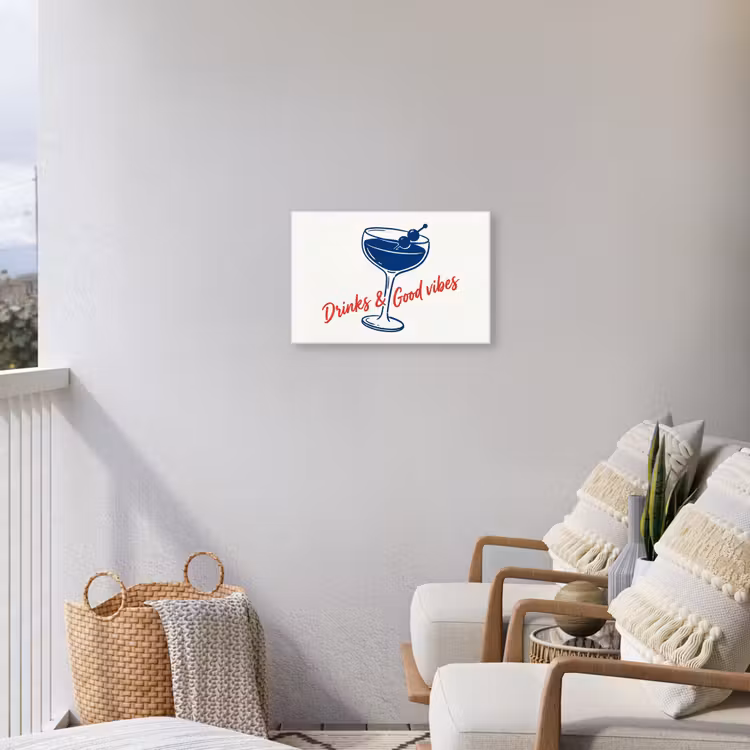 Cocktail - Glas - Illustratie - Blauw - Wit Tuinposter op houten frame 2 cm dik klein -sfeer1