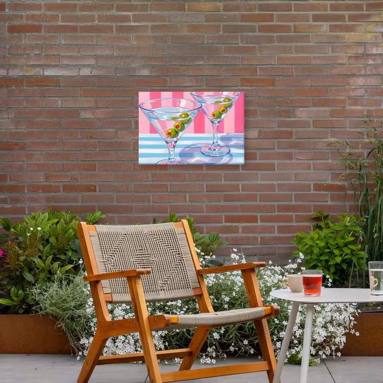 Cocktail - Olijven - Kunst - Modern - Roze Tuinposter op houten frame 2 cm dik klein -sfeer3