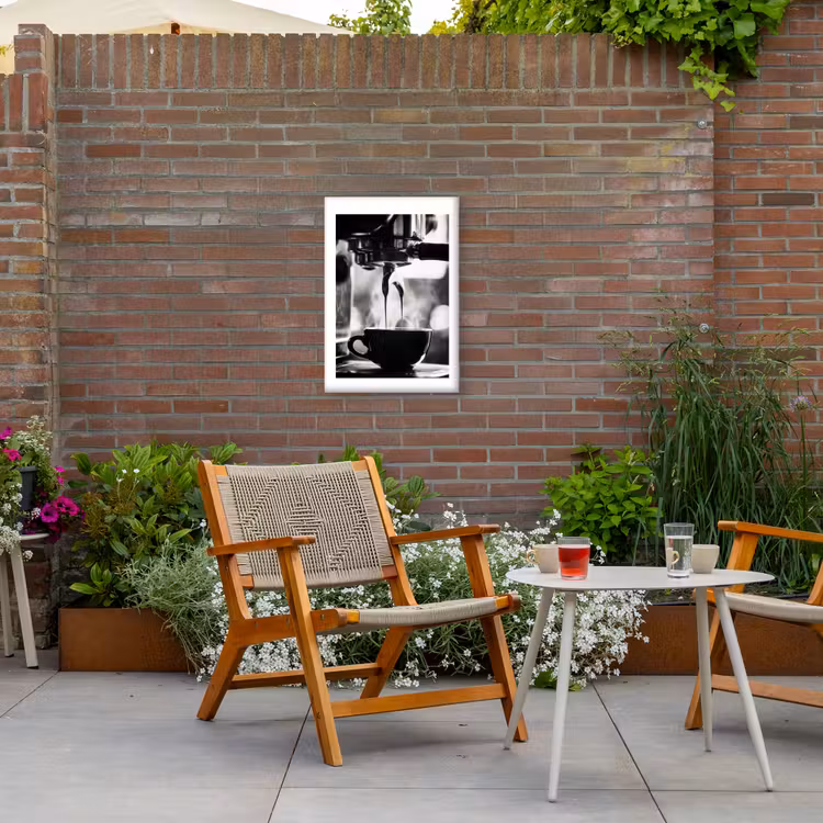 Coffee - Espresso - Koffiemachine - Kop Tuinposter op houten frame 2 cm dik klein -sfeer3