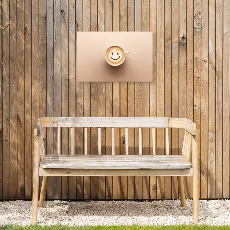 Koffie - Melkschuim - Lach - Beige Tuinposter op houten frame 2 cm dik klein -sfeer4