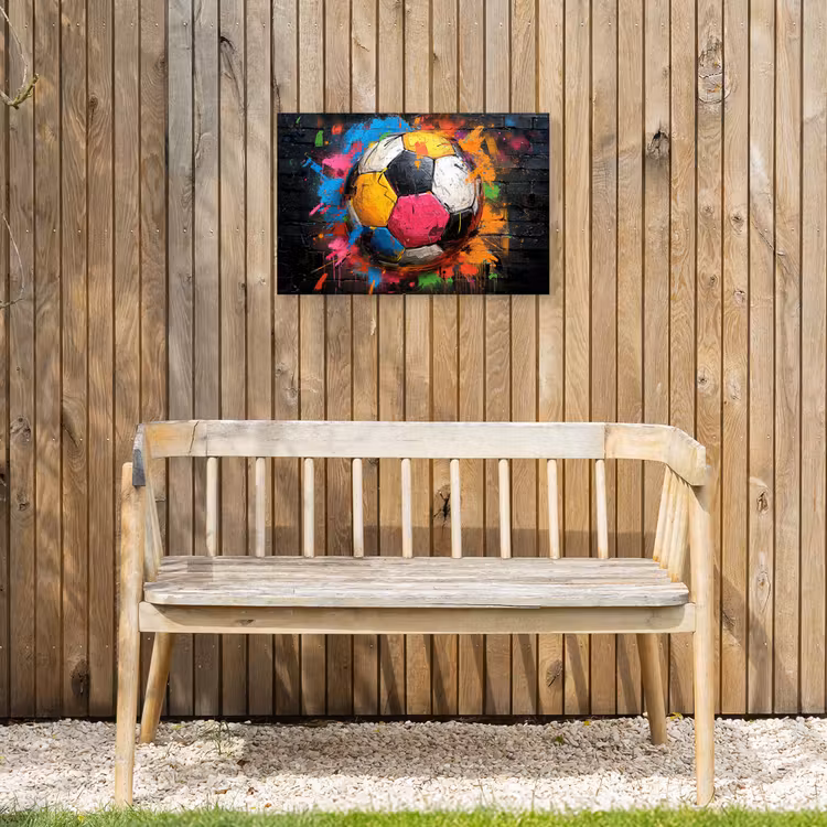 Kleurrijke Voetbal Tuinposter op houten frame 2 cm dik klein -sfeer4
