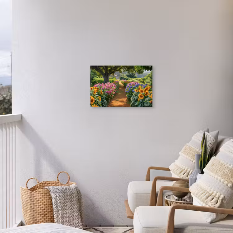 Kleurrijk Tuinpad Tuinposter op houten frame 2 cm dik klein -sfeer1