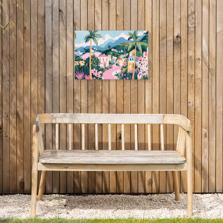 Kleurrijk - Huizen - Heuvels - Roze Tuinposter op houten frame 2 cm dik klein -sfeer4