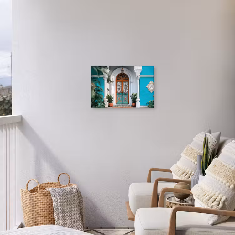 Zuilen - Sierlijke - Deur - Blauw Tuinposter op houten frame 2 cm dik klein -sfeer1