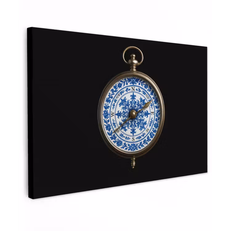 Kompas - Delfts blauw - Zwart Tuinposter op houten frame 2 cm dik klein -3d