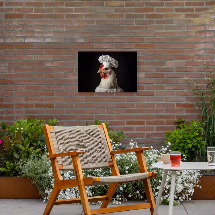 Kok - Rood - Kip Tuinposter op houten frame 2 cm dik klein -sfeer3