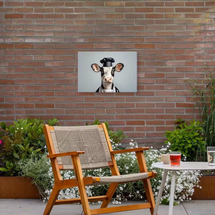 Koe - Zwart - Wit - Kok Tuinposter op houten frame 2 cm dik klein -sfeer3