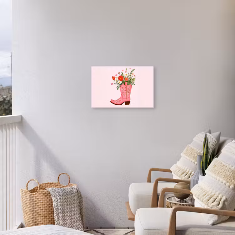 Cowboylaarzen - Roze - Boeket - Bloemen Tuinposter op houten frame 2 cm dik klein -sfeer1