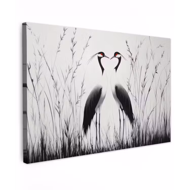 Kraanvogels - Gras - Hartvorm - Zwart Tuinposter op houten frame 2 cm dik klein -3d