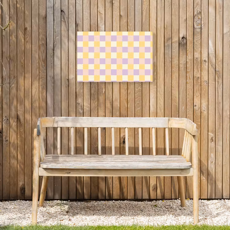 Blokjes - Lila - Geel Tuinposter op houten frame 2 cm dik klein 845 -sfeer4