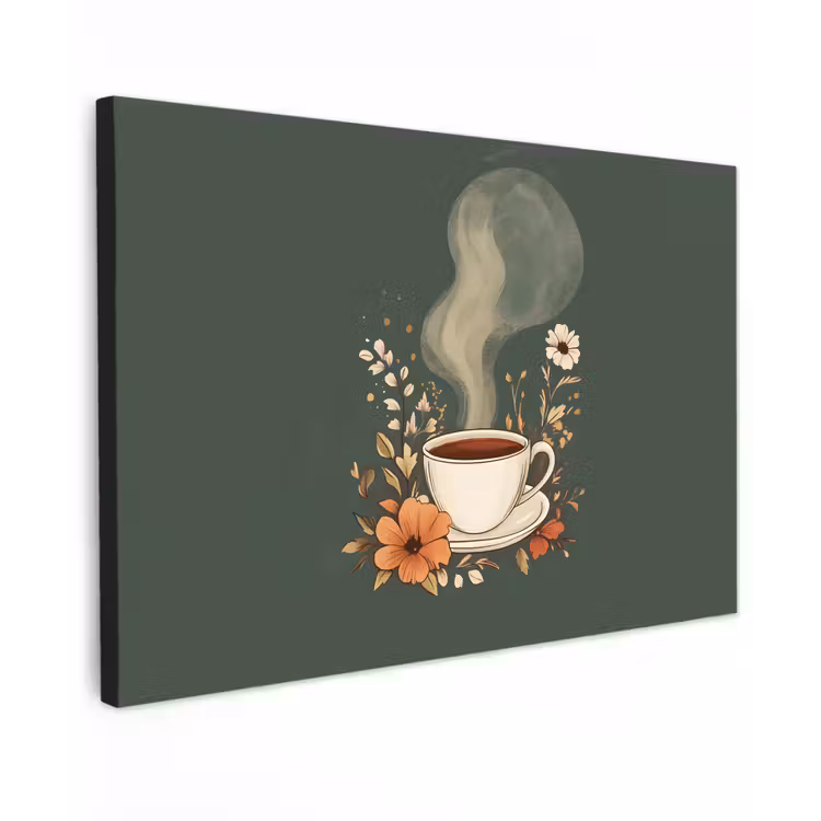 Kop - Bloemen - Groen - Koffie Tuinposter op houten frame 2 cm dik klein -3d