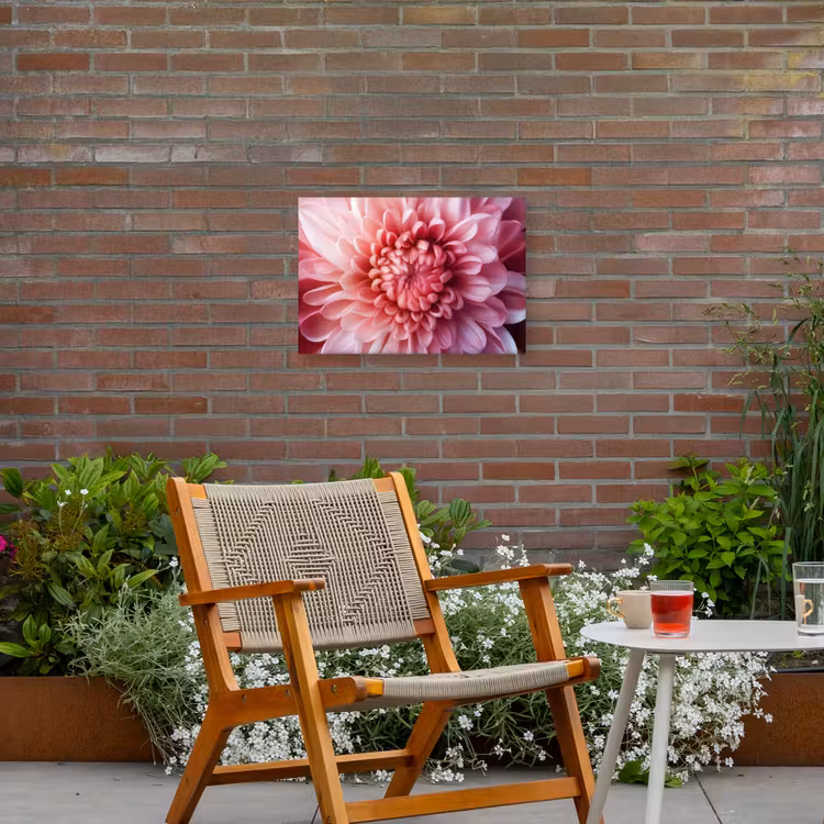 Dahlia - Bloem - Close up - Roze Tuinposter op houten frame 2 cm dik klein -sfeer3