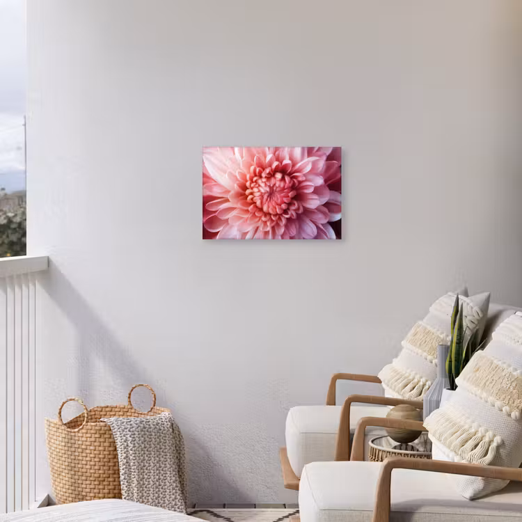 Dahlia - Bloem - Close up - Roze Tuinposter op houten frame 2 cm dik klein -sfeer1
