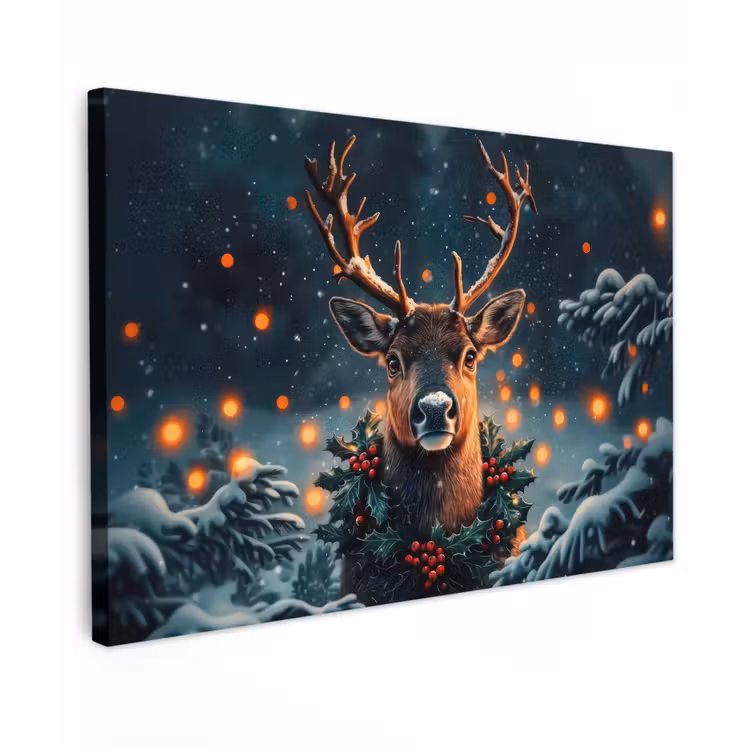 Hert - Kerst - Winter - Sneeuw - Kerstkrans Tuinposter op houten frame 2 cm dik klein -3d
