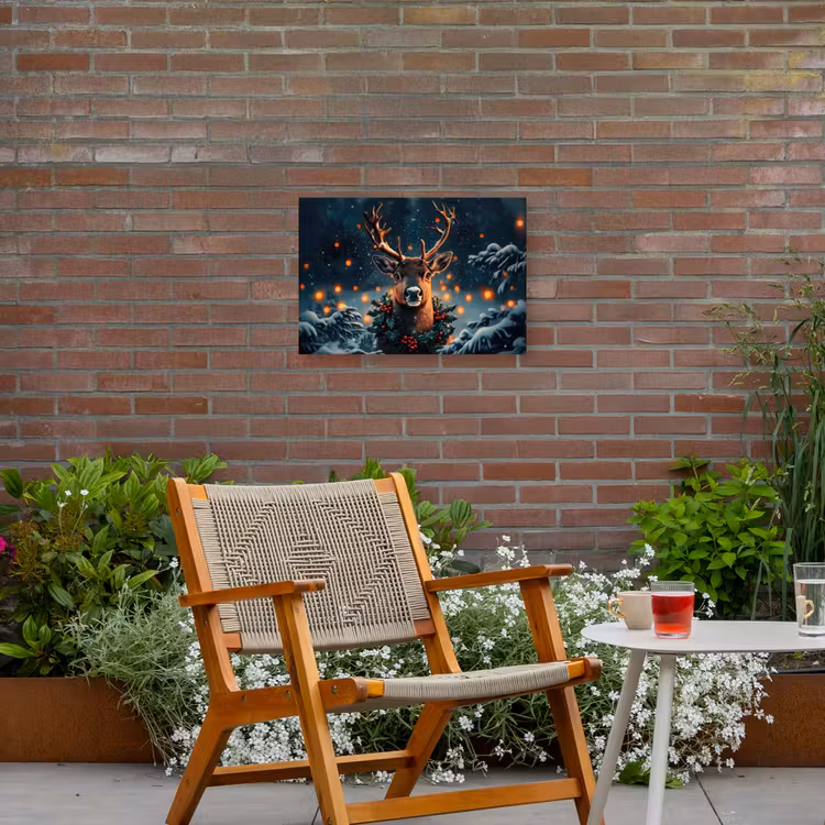 Hert - Kerst - Winter - Sneeuw - Kerstkrans Tuinposter op houten frame 2 cm dik klein -sfeer3
