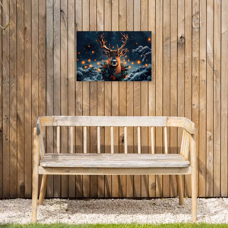 Hert - Kerst - Winter - Sneeuw - Kerstkrans Tuinposter op houten frame 2 cm dik klein -sfeer4
