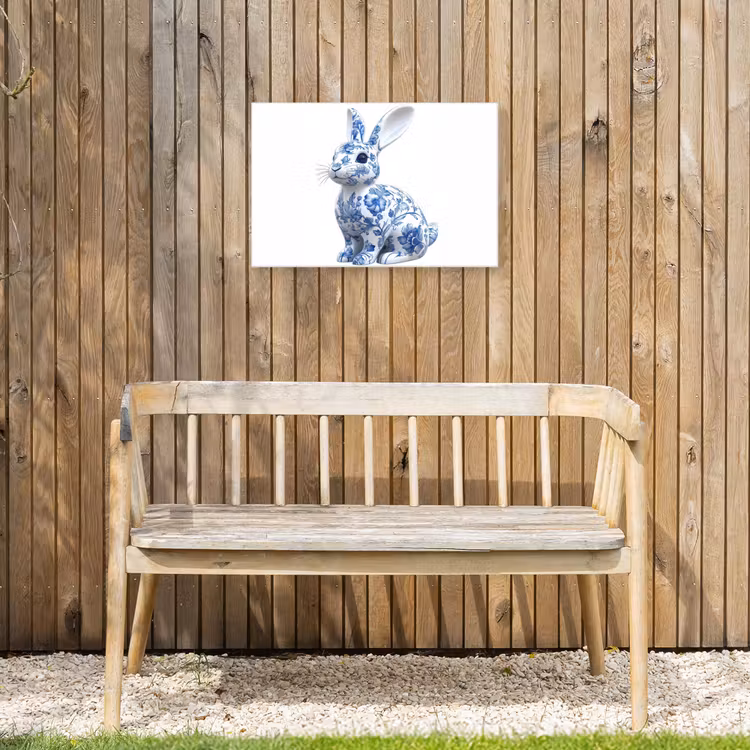 Delftsblauw - Haasje - Wit Tuinposter op houten frame 2 cm dik klein -sfeer4